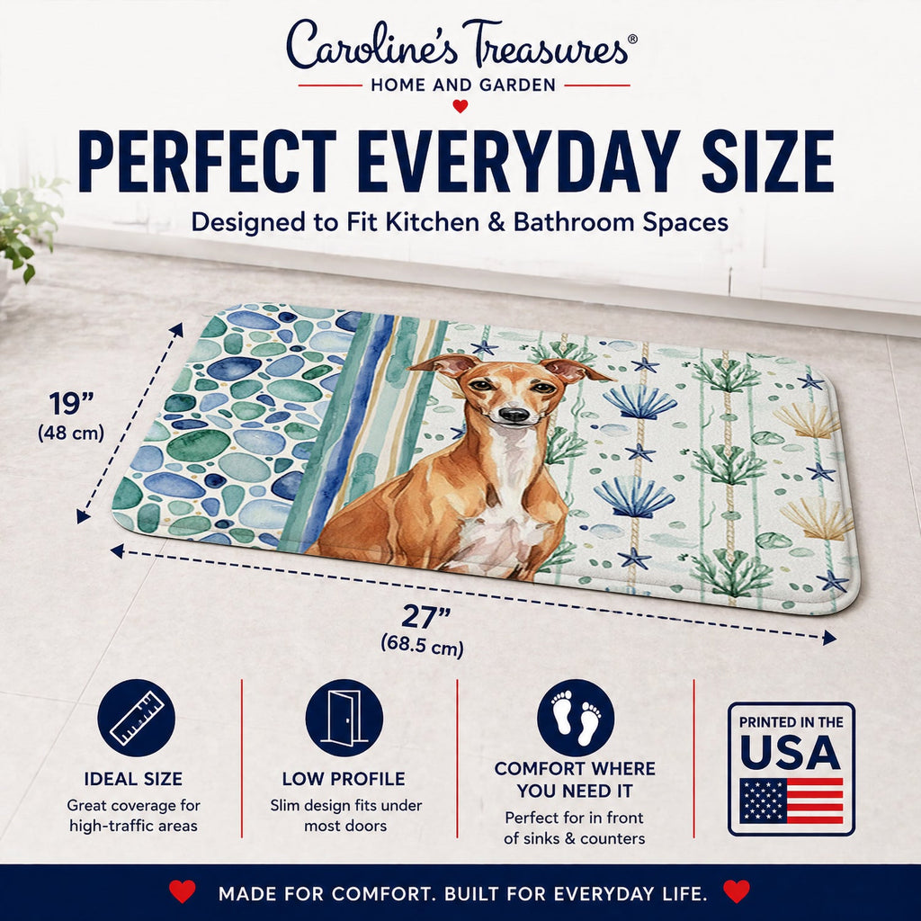 Red Italian Greyhound Coastal Sea Glass Memory Foam Kitchen Mat Machine Washable Anti-Fatigue Cushion Comfort Bath or Kitchen Rug