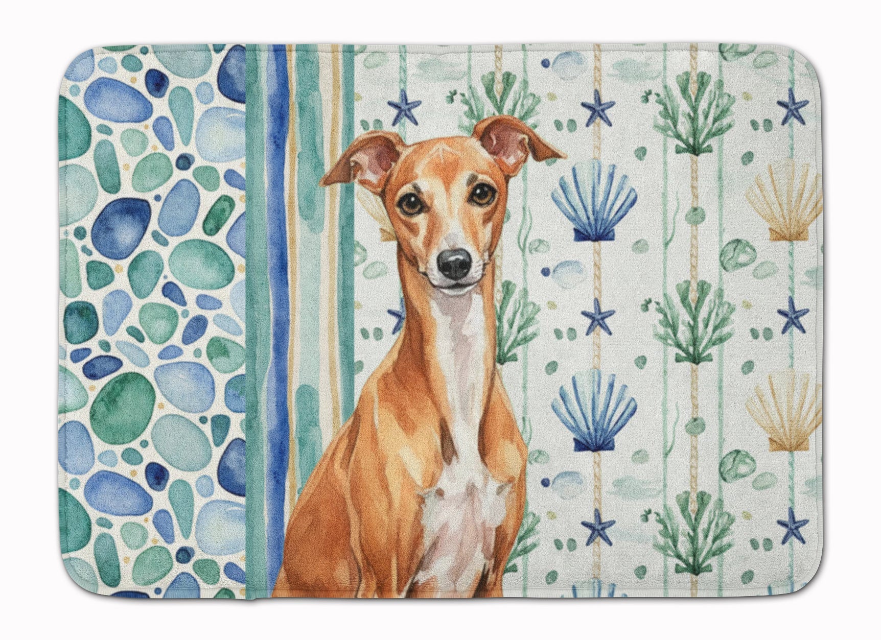 Red Italian Greyhound Coastal Sea Glass Memory Foam Kitchen Mat Machine Washable Anti-Fatigue Cushion Comfort Bath or Kitchen Rug