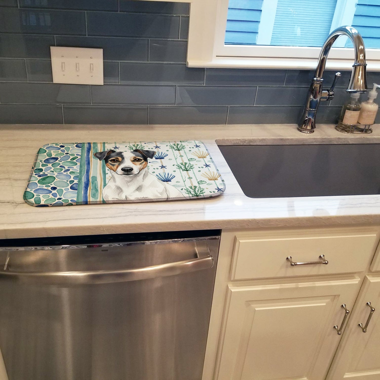 White and Black Jack Russell Terrier Coastal Sea Glass Dish Drying Mat Absorbent Dish Drying Mat Pad for Kitchen Counter Dish Drainer Mat for Countertop, 14 x 21", Multicolor