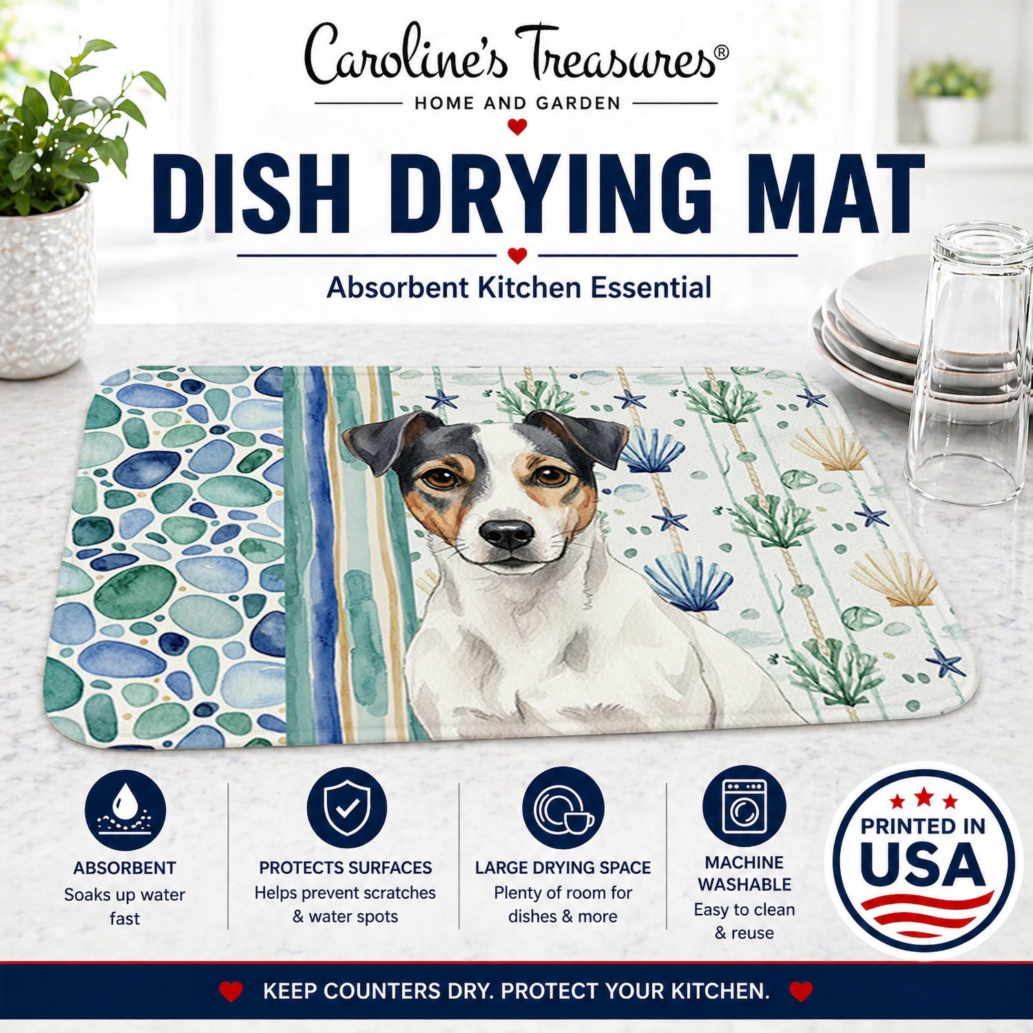 White and Black Jack Russell Terrier Coastal Sea Glass Dish Drying Mat Absorbent Dish Drying Mat Pad for Kitchen Counter Dish Drainer Mat for Countertop, 14 x 21", Multicolor