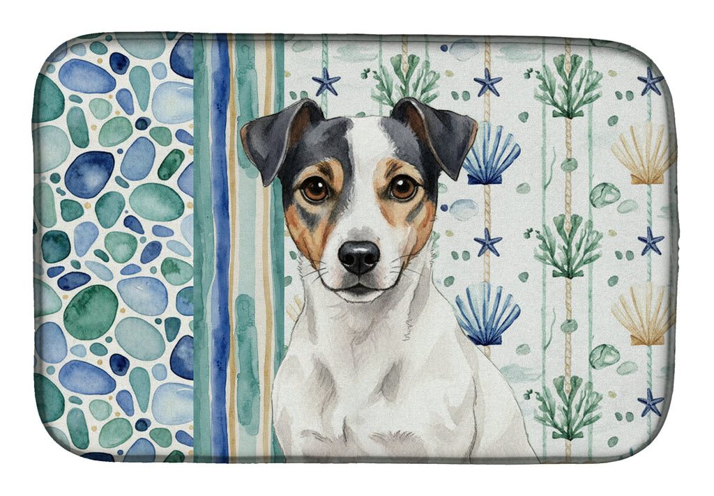 White and Black Jack Russell Terrier Coastal Sea Glass Dish Drying Mat Absorbent Dish Drying Mat Pad for Kitchen Counter Dish Drainer Mat for Countertop, 14 x 21", Multicolor