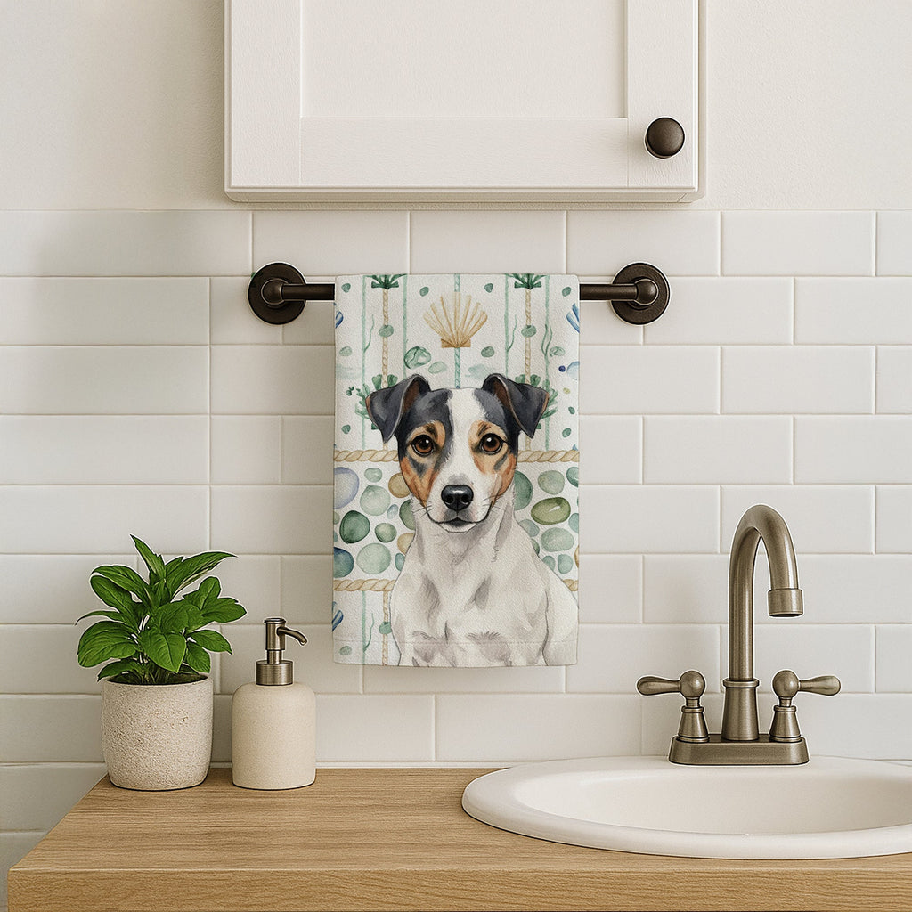 White and Black Jack Russell Terrier Coastal Sea Glass Kitchen Towel Velour Plush Front and Cotton Loop Back Machine Washable