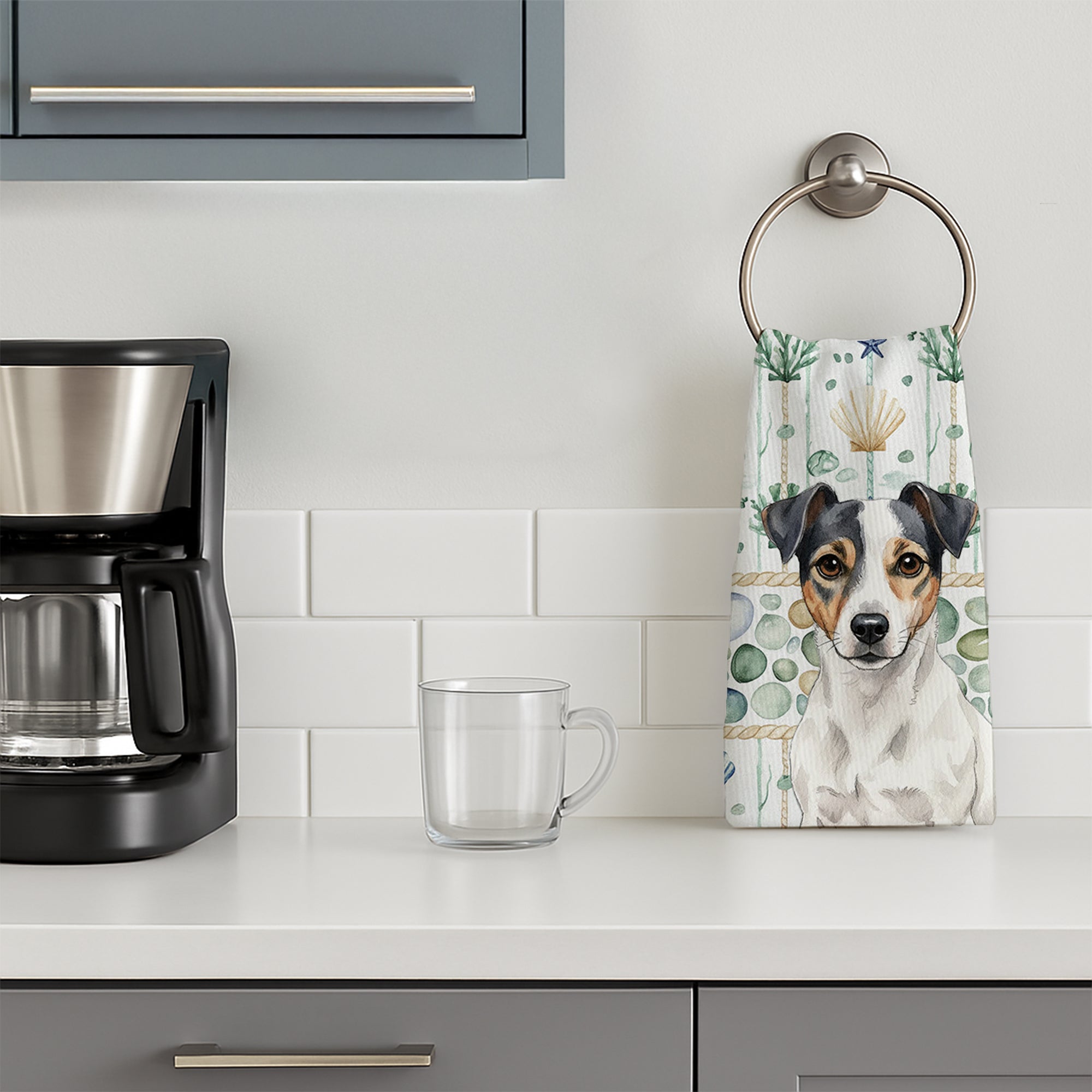 White and Black Jack Russell Terrier Coastal Sea Glass Kitchen Towel Velour Plush Front and Cotton Loop Back Machine Washable