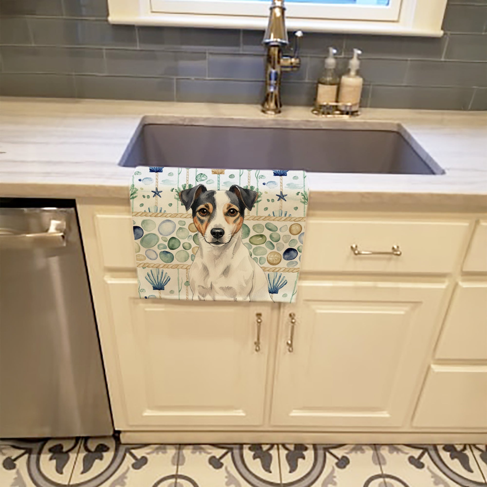 White and Black Jack Russell Terrier Coastal Sea Glass Kitchen Towel Velour Plush Front and Cotton Loop Back Machine Washable