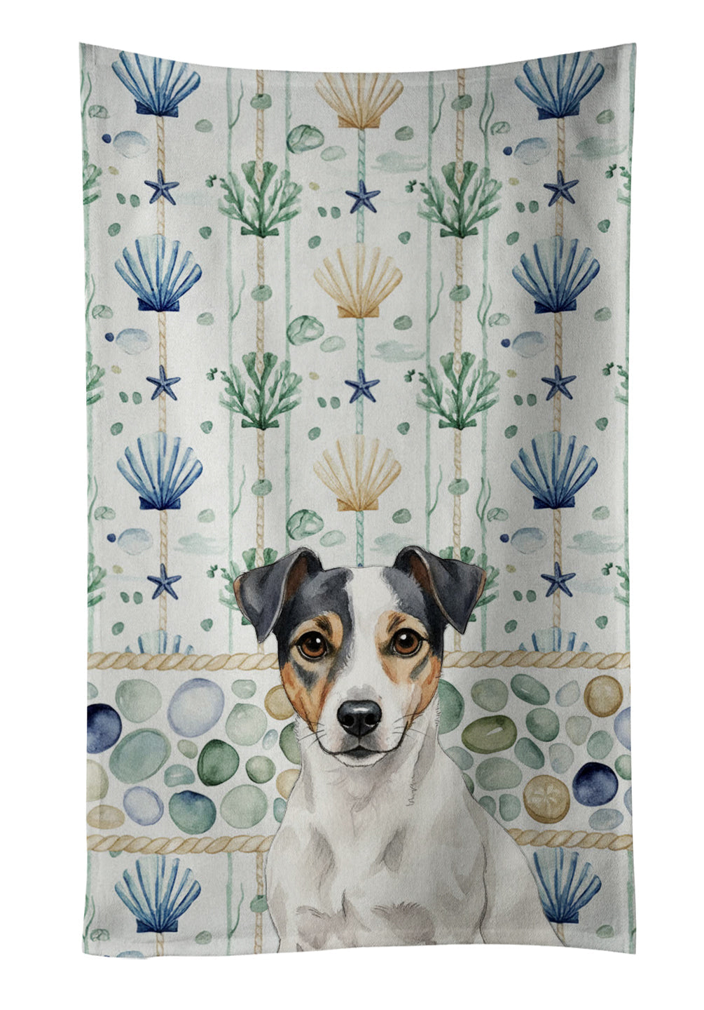 White and Black Jack Russell Terrier Coastal Sea Glass Kitchen Towel Velour Plush Front and Cotton Loop Back Machine Washable