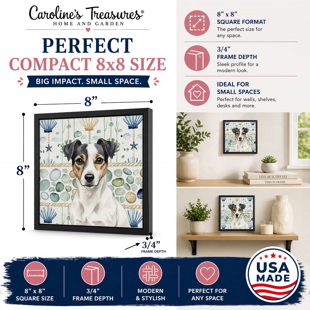White and Black Jack Russell Terrier Coastal Sea Glass Framed Metal Print Bathroom, Kitchen, Office, Home Decor Wall Art Ready to Hang, Square, 8X8