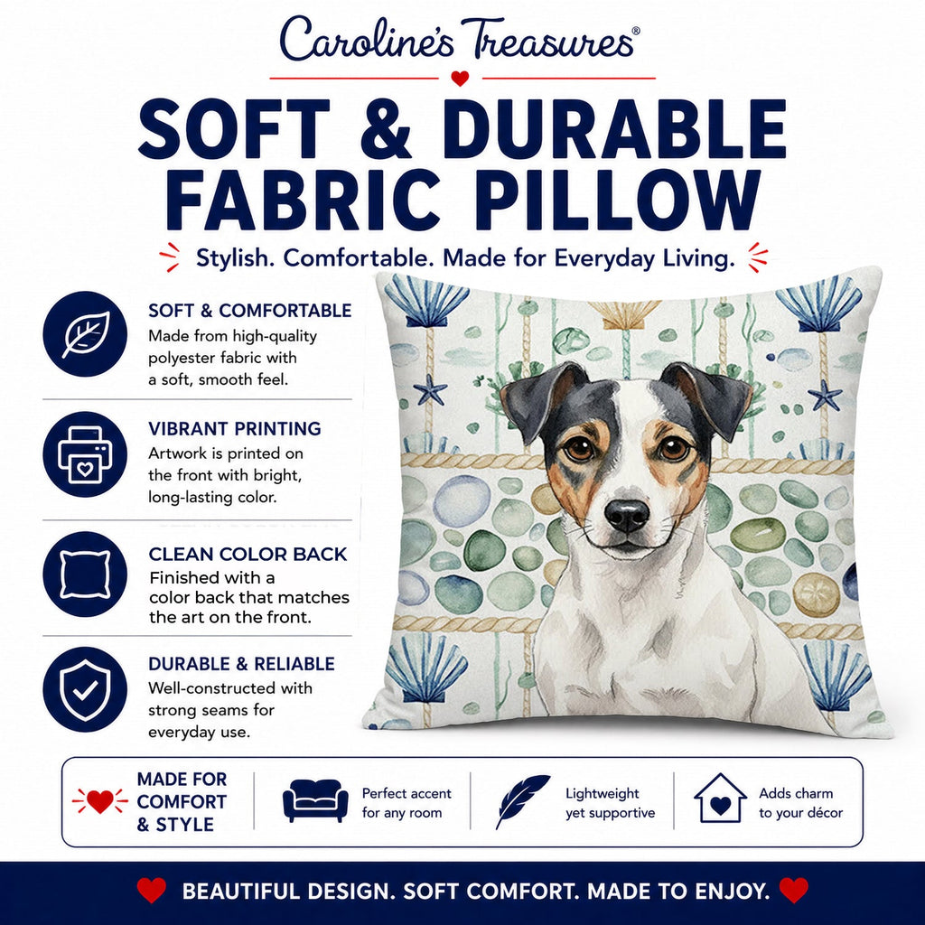 White and Black Jack Russell Terrier Coastal Sea Glass Decorative Throw Pillow 14x14 Indoor Outdoor Accent Cushion, Fabric Cover with Insert for Sofa, Bed, Porch & Living Room