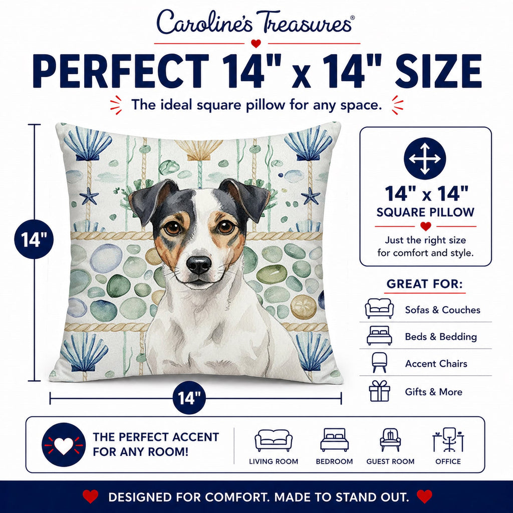 White and Black Jack Russell Terrier Coastal Sea Glass Decorative Throw Pillow 14x14 Indoor Outdoor Accent Cushion, Fabric Cover with Insert for Sofa, Bed, Porch & Living Room