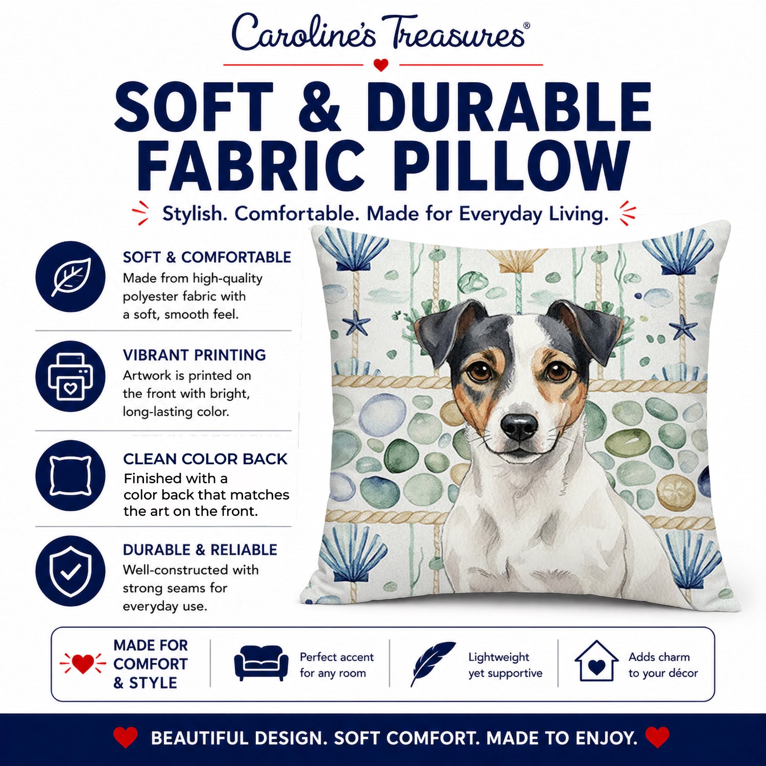 White and Black Jack Russell Terrier Coastal Sea Glass Decorative Throw Pillow 18x18 Indoor Outdoor Accent Cushion, Fabric Cover with Insert for Sofa, Bed, Porch & Living Room