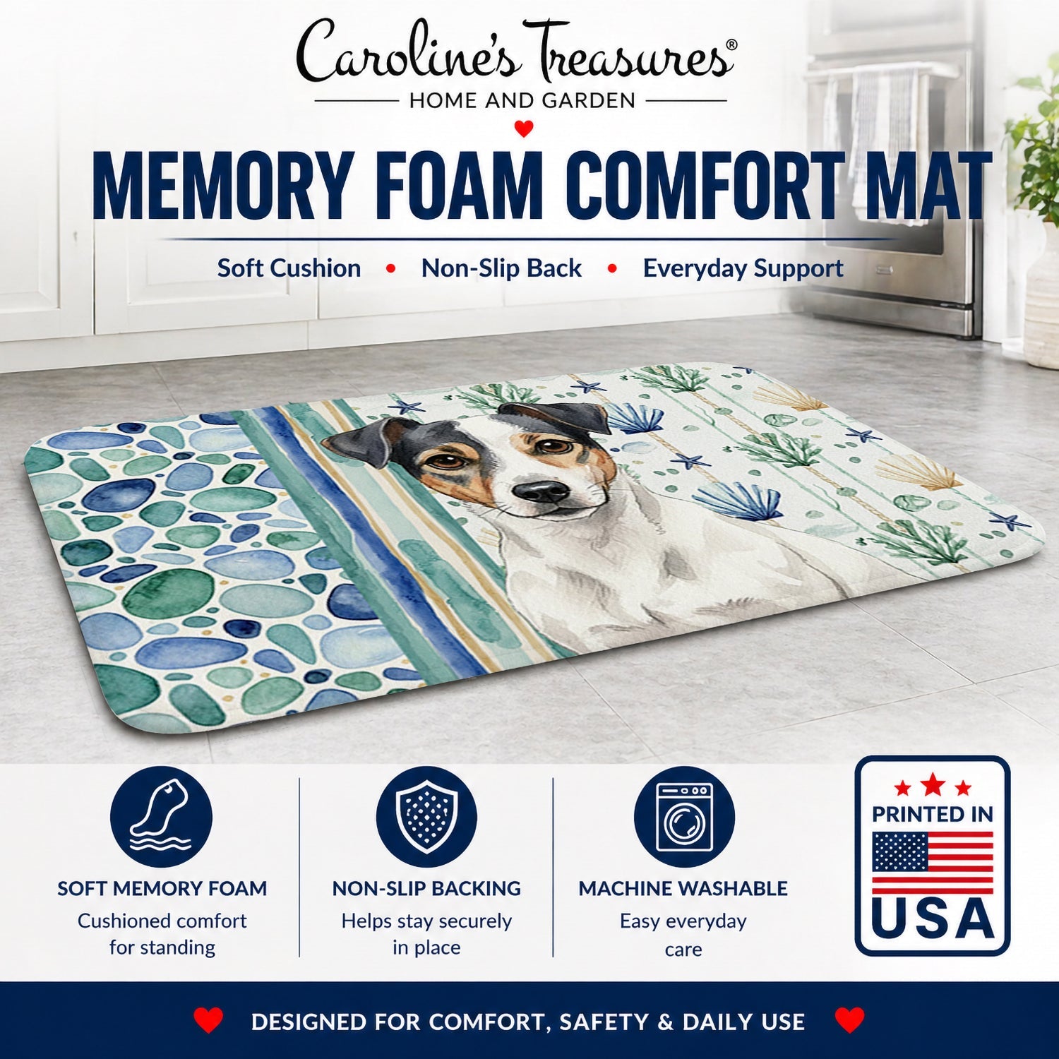 White and Black Jack Russell Terrier Coastal Sea Glass Memory Foam Kitchen Mat Machine Washable Anti-Fatigue Cushion Comfort Bath or Kitchen Rug