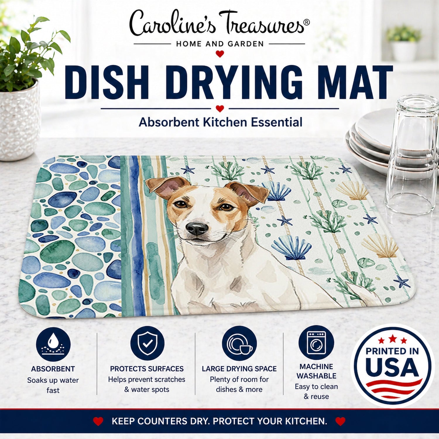 White and Tan Jack Russell Terrier Coastal Sea Glass Dish Drying Mat Absorbent Dish Drying Mat Pad for Kitchen Counter Dish Drainer Mat for Countertop, 14 x 21", Multicolor