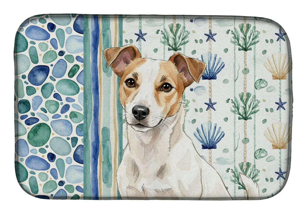 White and Tan Jack Russell Terrier Coastal Sea Glass Dish Drying Mat Absorbent Dish Drying Mat Pad for Kitchen Counter Dish Drainer Mat for Countertop, 14 x 21", Multicolor