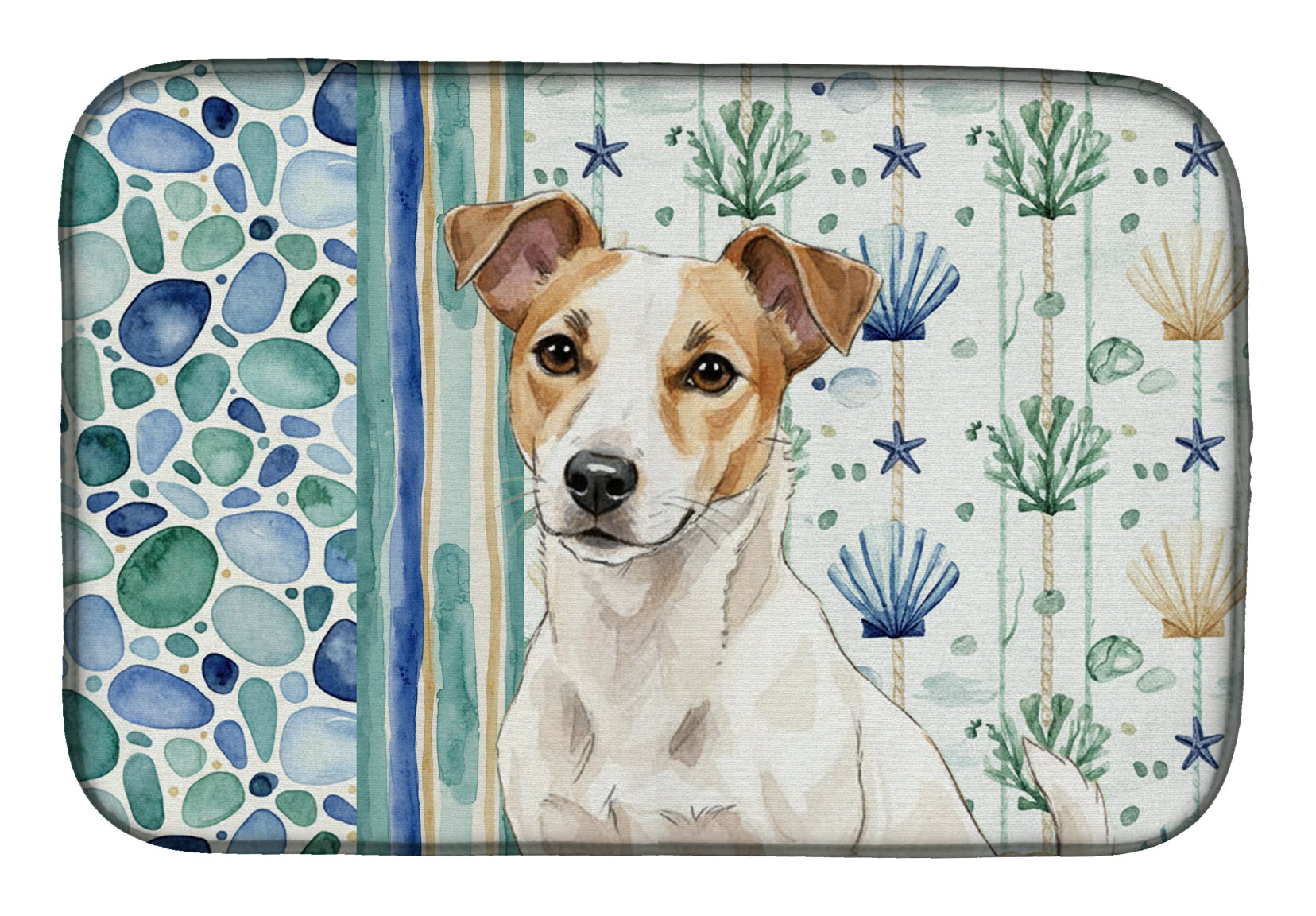 White and Tan Jack Russell Terrier Coastal Sea Glass Dish Drying Mat Absorbent Dish Drying Mat Pad for Kitchen Counter Dish Drainer Mat for Countertop, 14 x 21", Multicolor