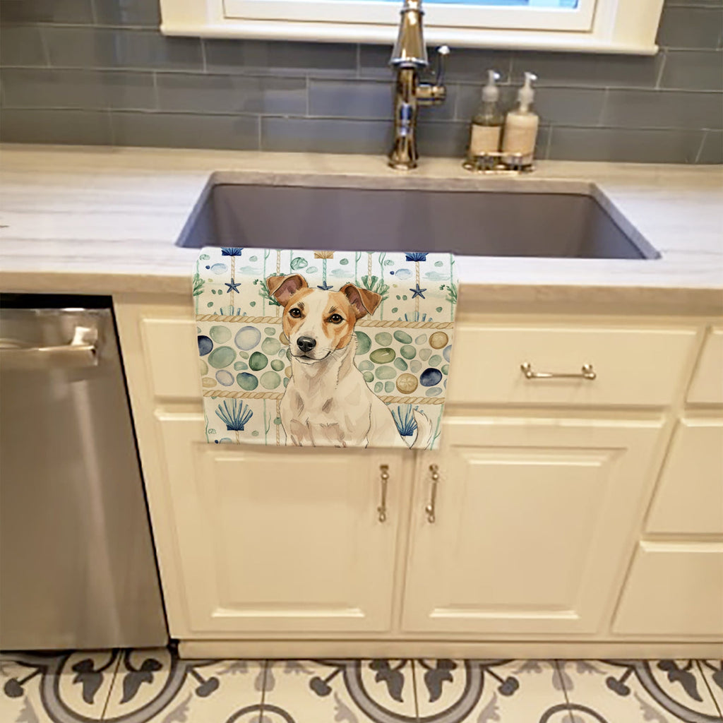 White and Tan Jack Russell Terrier Coastal Sea Glass Kitchen Towel Velour Plush Front and Cotton Loop Back Machine Washable