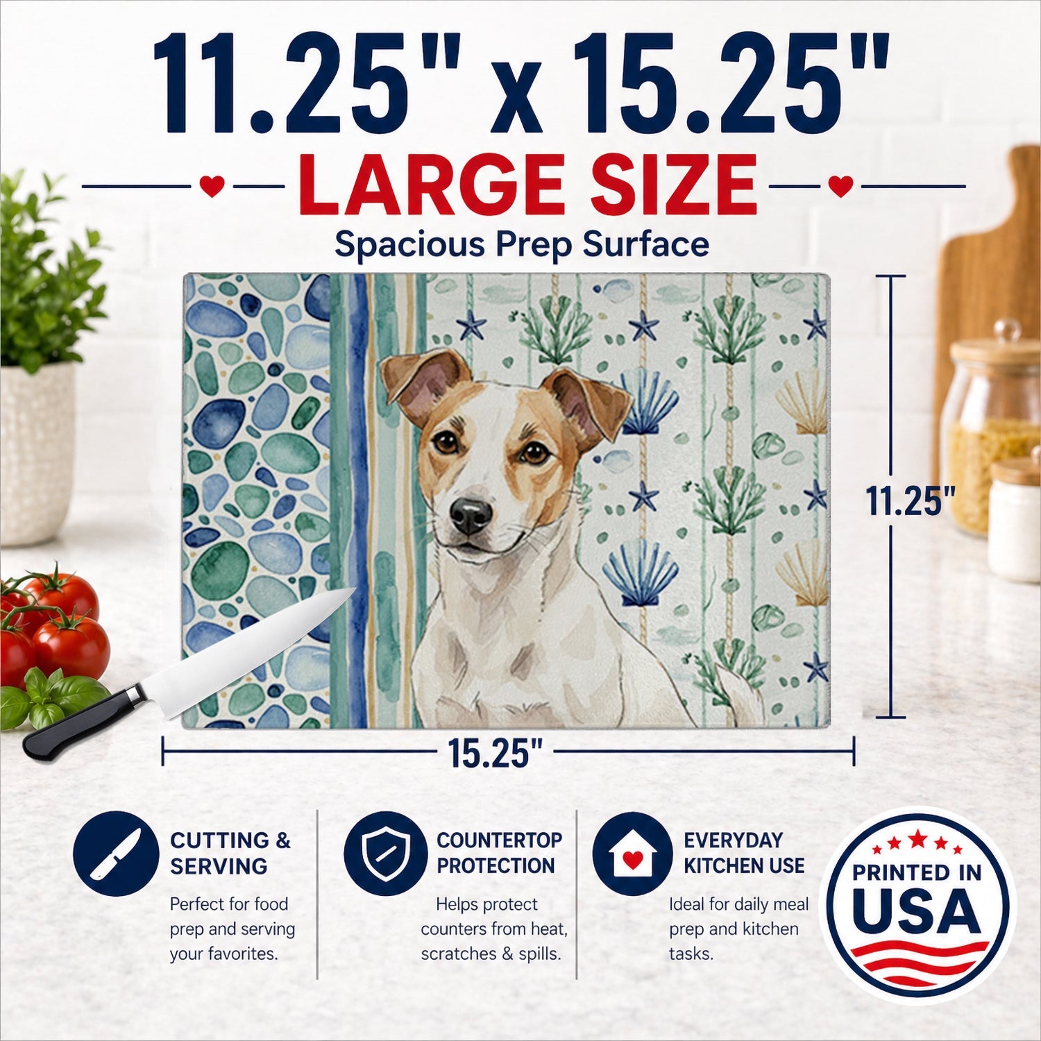 White and Tan Jack Russell Terrier Coastal Sea Glass Cutting Board Tempered Glass Kitchen Cutting Surface, Heat Resistant Chopping, Non-Slip Feet, Food Prep & Serving