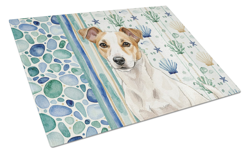 White and Tan Jack Russell Terrier Coastal Sea Glass Cutting Board Tempered Glass Kitchen Cutting Surface, Heat Resistant Chopping, Non-Slip Feet, Food Prep & Serving