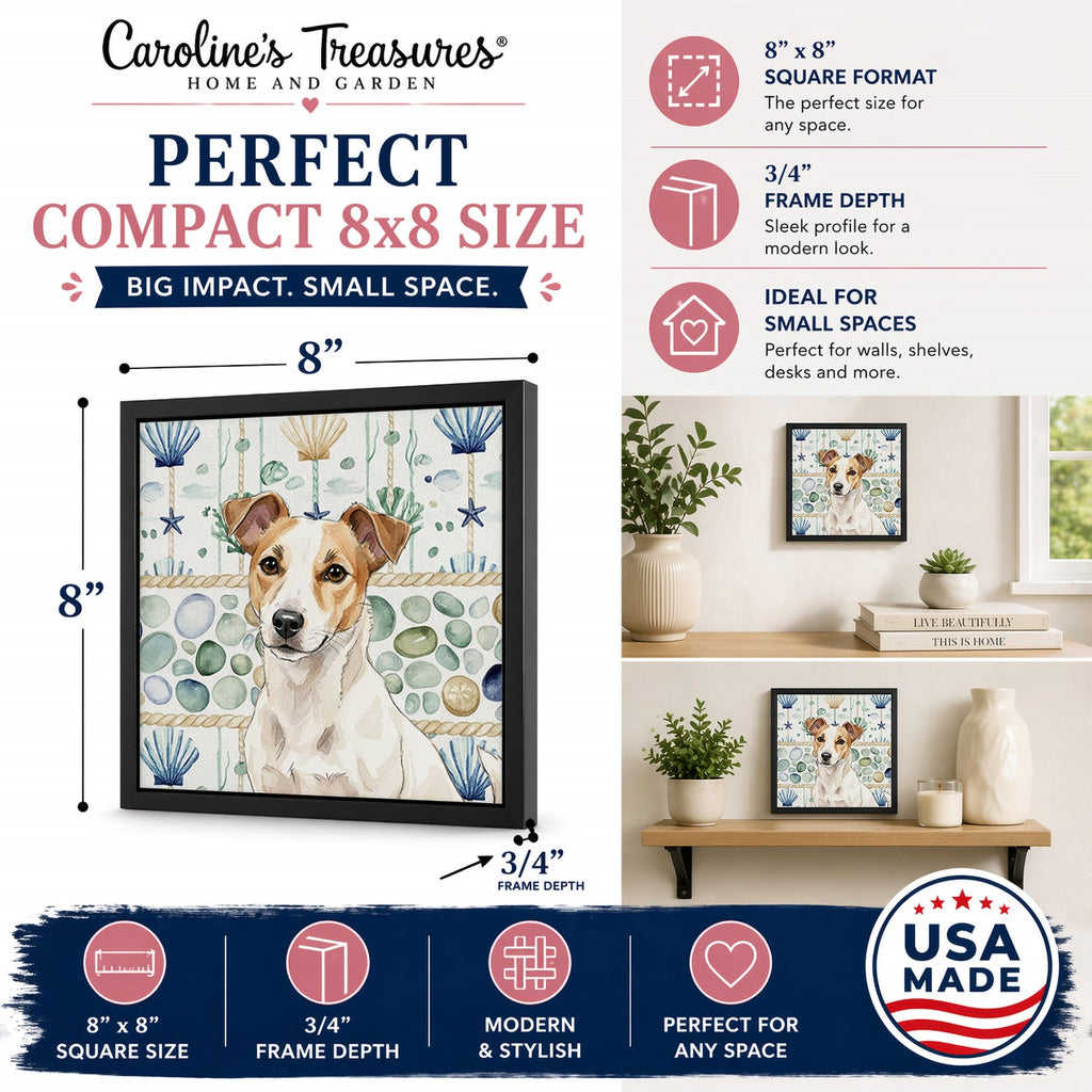 White and Tan Jack Russell Terrier Coastal Sea Glass Framed Metal Print Bathroom, Kitchen, Office, Home Decor Wall Art Ready to Hang, Square, 8X8