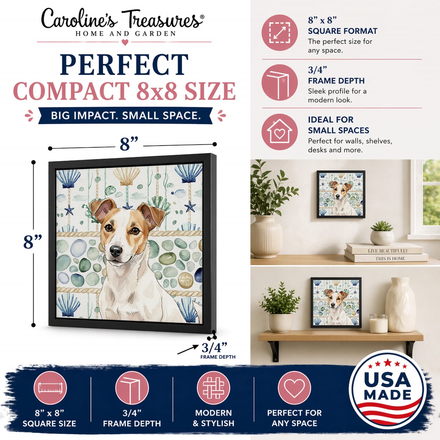 White and Tan Jack Russell Terrier Coastal Sea Glass Framed Metal Print Bathroom, Kitchen, Office, Home Decor Wall Art Ready to Hang, Square, 8X8