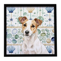 White and Tan Jack Russell Terrier Coastal Sea Glass Framed Metal Print Bathroom, Kitchen, Office, Home Decor Wall Art Ready to Hang, Square, 8X8