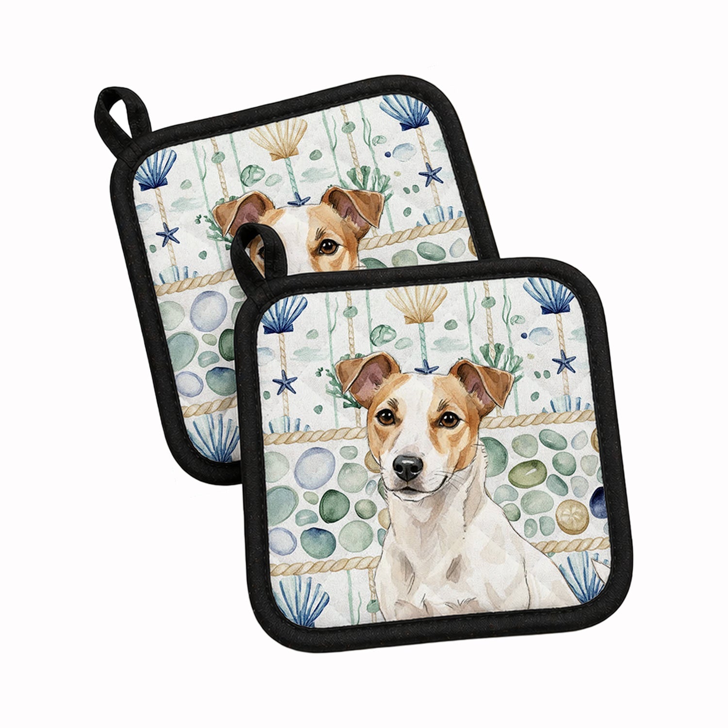White and Tan Jack Russell Terrier Coastal Sea Glass Pot Holder Set of 2 Heat Resistant Quilted Hot Pads 7.5 x 7.5 Inch, Insulated Kitchen Trivets for Cooking & Baking