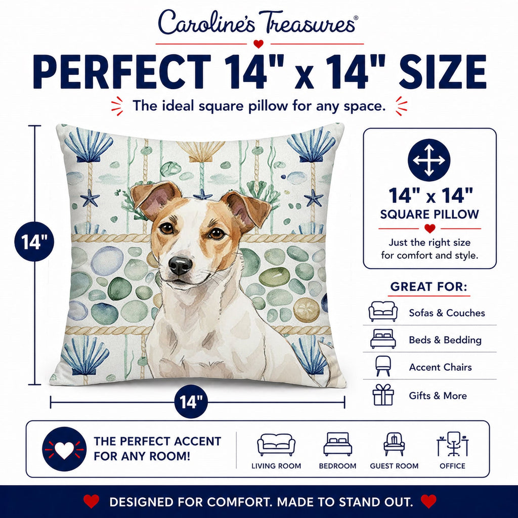White and Tan Jack Russell Terrier Coastal Sea Glass Decorative Throw Pillow 14x14 Indoor Outdoor Accent Cushion, Fabric Cover with Insert for Sofa, Bed, Porch & Living Room