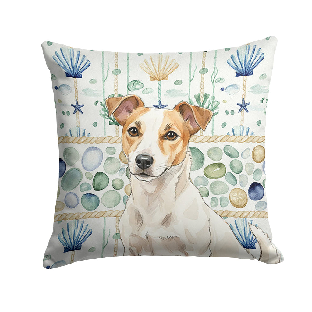 White and Tan Jack Russell Terrier Coastal Sea Glass Decorative Throw Pillow 14x14 Indoor Outdoor Accent Cushion, Fabric Cover with Insert for Sofa, Bed, Porch & Living Room