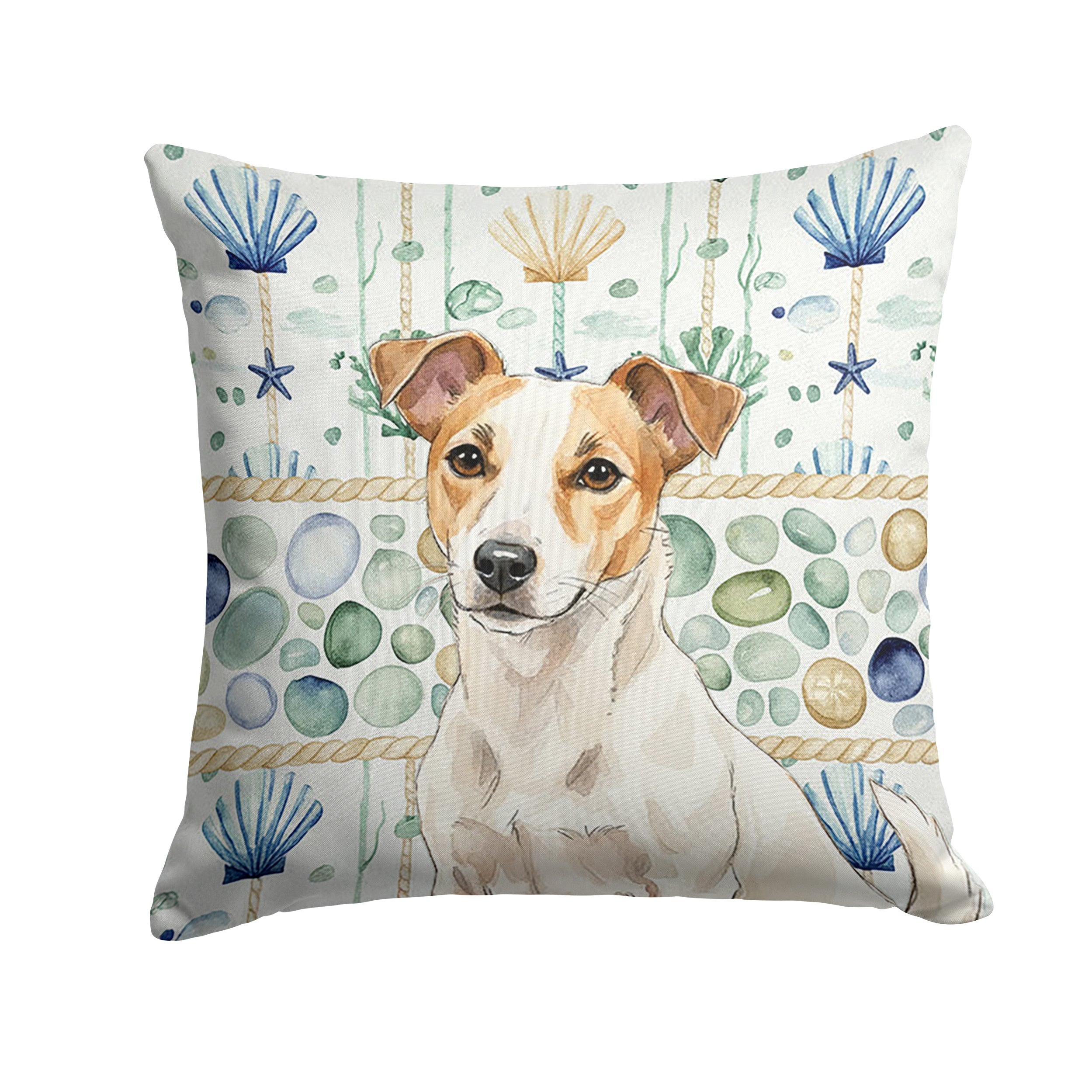 White and Tan Jack Russell Terrier Coastal Sea Glass Decorative Throw Pillow 18x18 Indoor Outdoor Accent Cushion, Fabric Cover with Insert for Sofa, Bed, Porch & Living Room