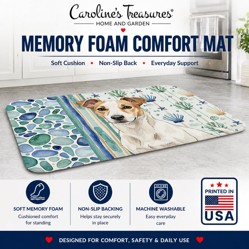 White and Tan Jack Russell Terrier Coastal Sea Glass Memory Foam Kitchen Mat Machine Washable Anti-Fatigue Cushion Comfort Bath or Kitchen Rug