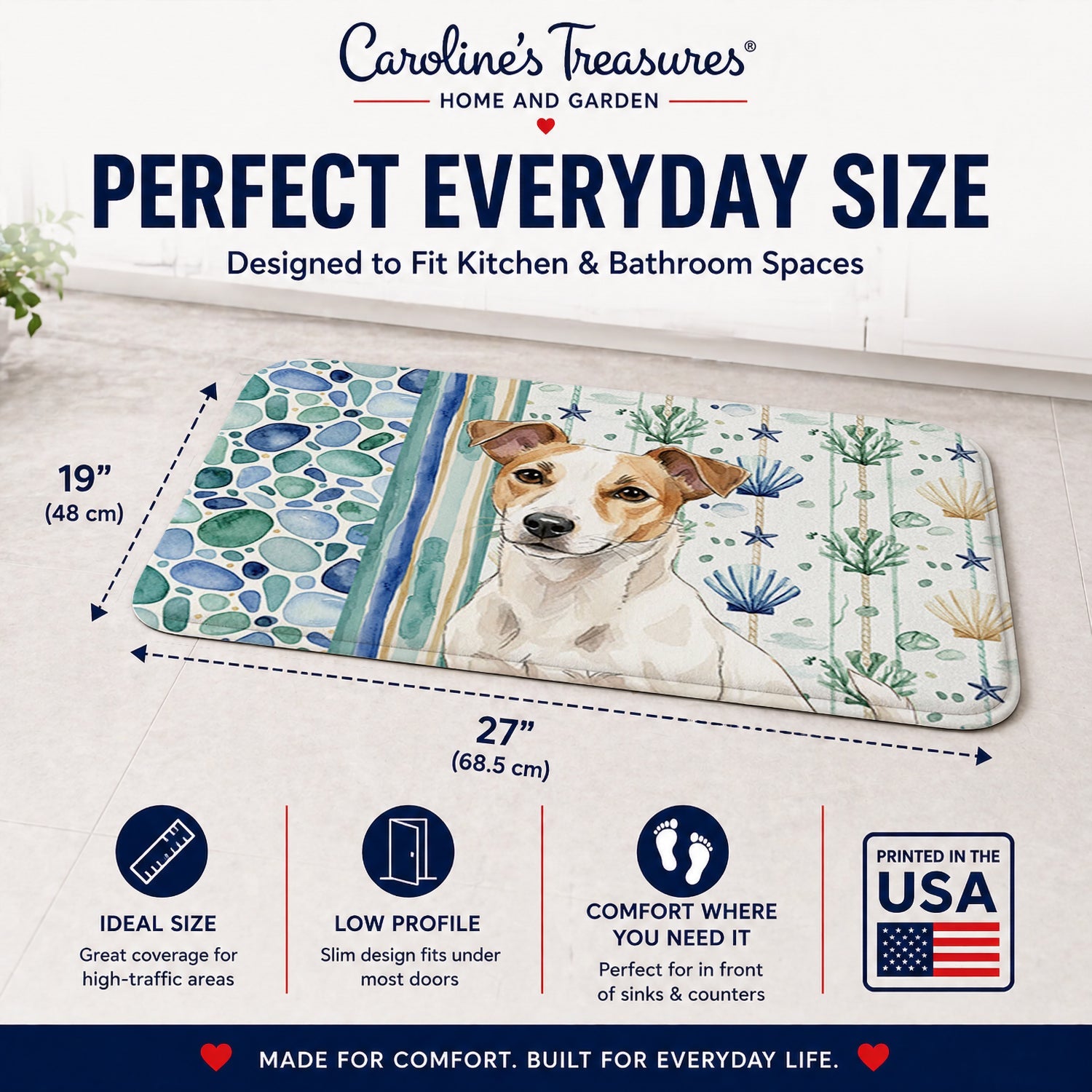 White and Tan Jack Russell Terrier Coastal Sea Glass Memory Foam Kitchen Mat Machine Washable Anti-Fatigue Cushion Comfort Bath or Kitchen Rug