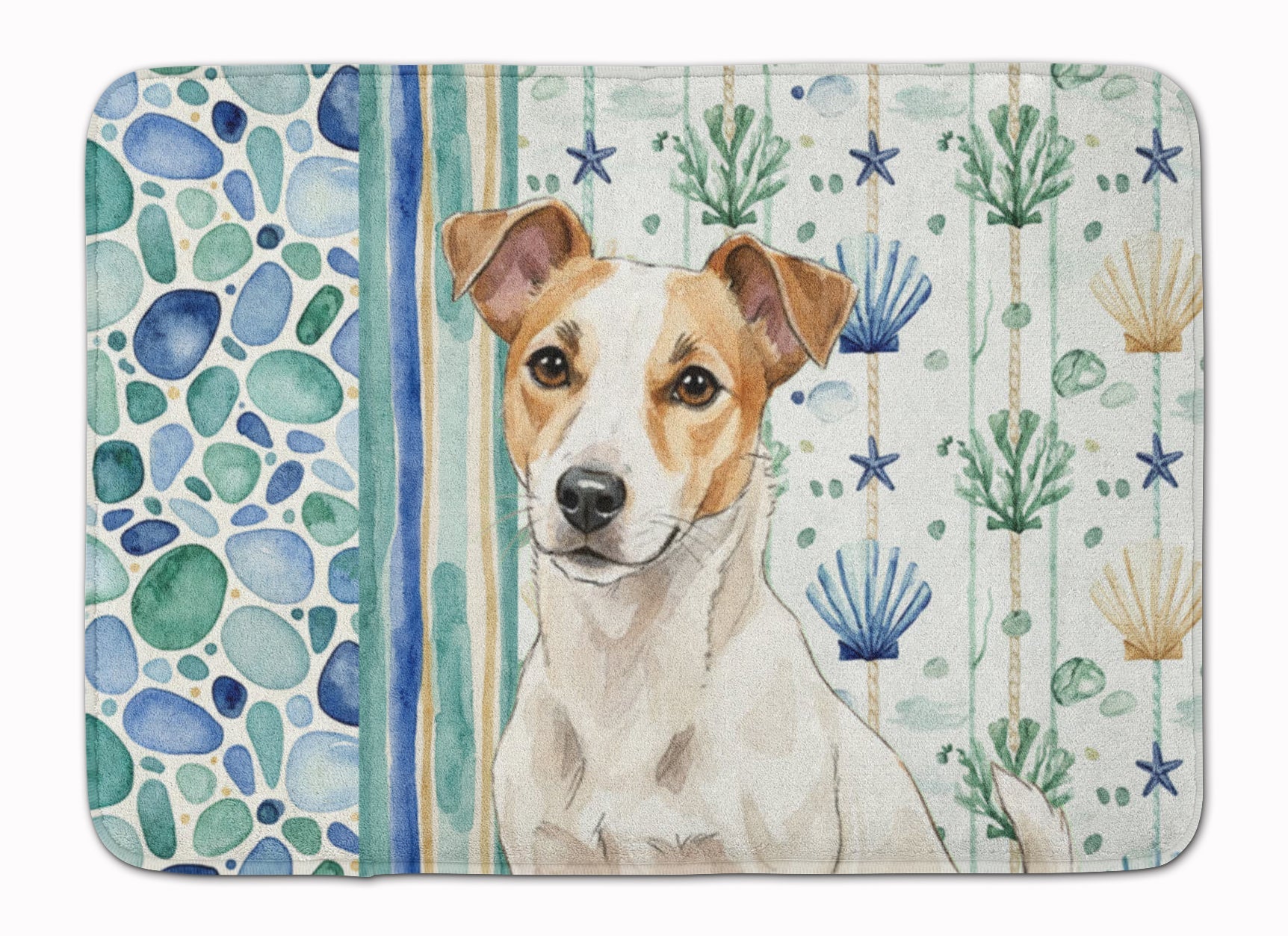 White and Tan Jack Russell Terrier Coastal Sea Glass Memory Foam Kitchen Mat Machine Washable Anti-Fatigue Cushion Comfort Bath or Kitchen Rug