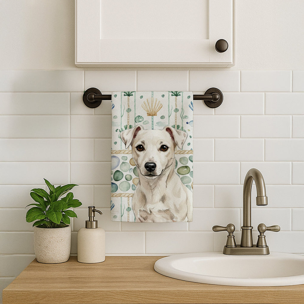 White Jack Russell Terrier Coastal Sea Glass Kitchen Towel Velour Plush Front and Cotton Loop Back Machine Washable