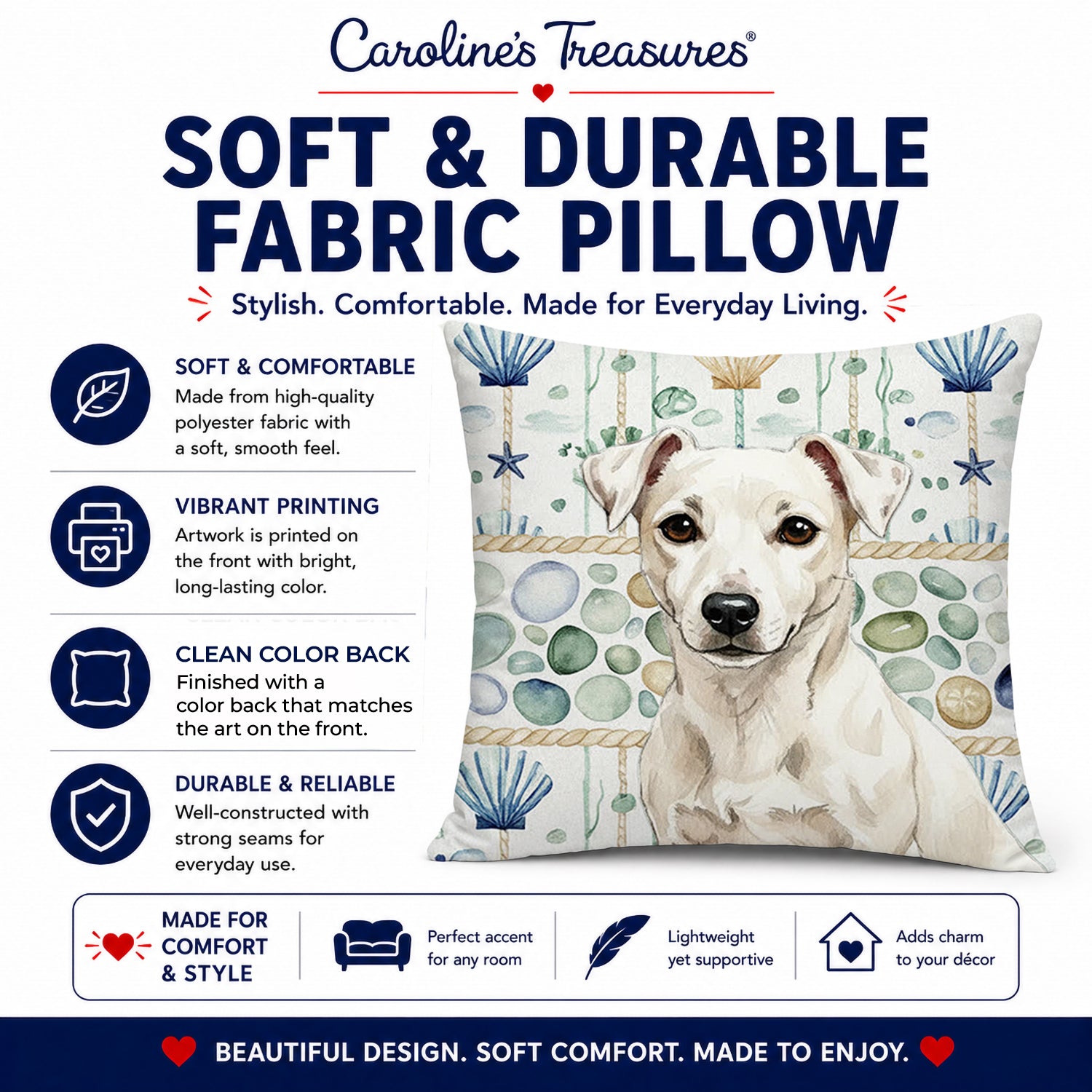 White Jack Russell Terrier Coastal Sea Glass Decorative Throw Pillow 14x14 Indoor Outdoor Accent Cushion, Fabric Cover with Insert for Sofa, Bed, Porch & Living Room