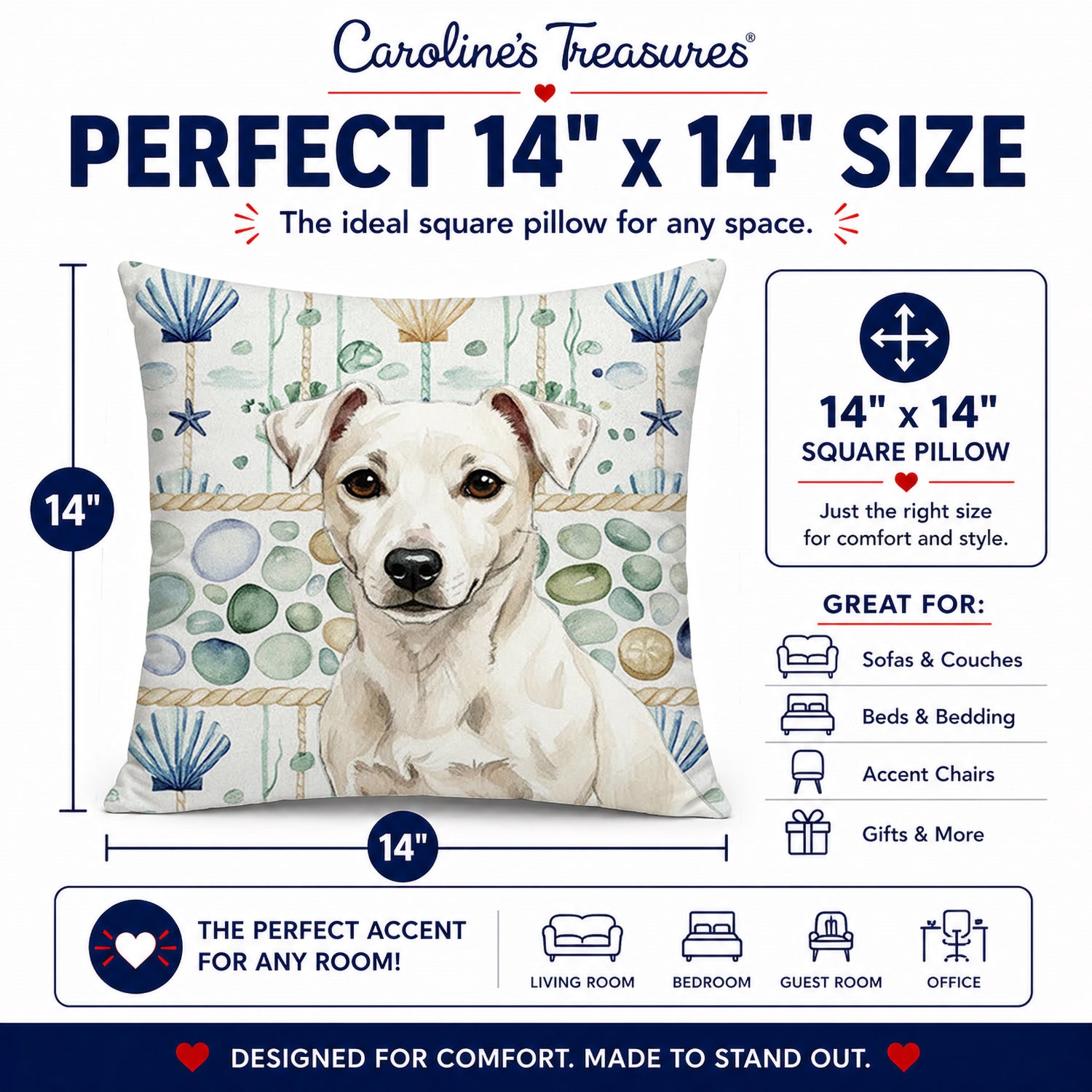 White Jack Russell Terrier Coastal Sea Glass Decorative Throw Pillow 14x14 Indoor Outdoor Accent Cushion, Fabric Cover with Insert for Sofa, Bed, Porch & Living Room