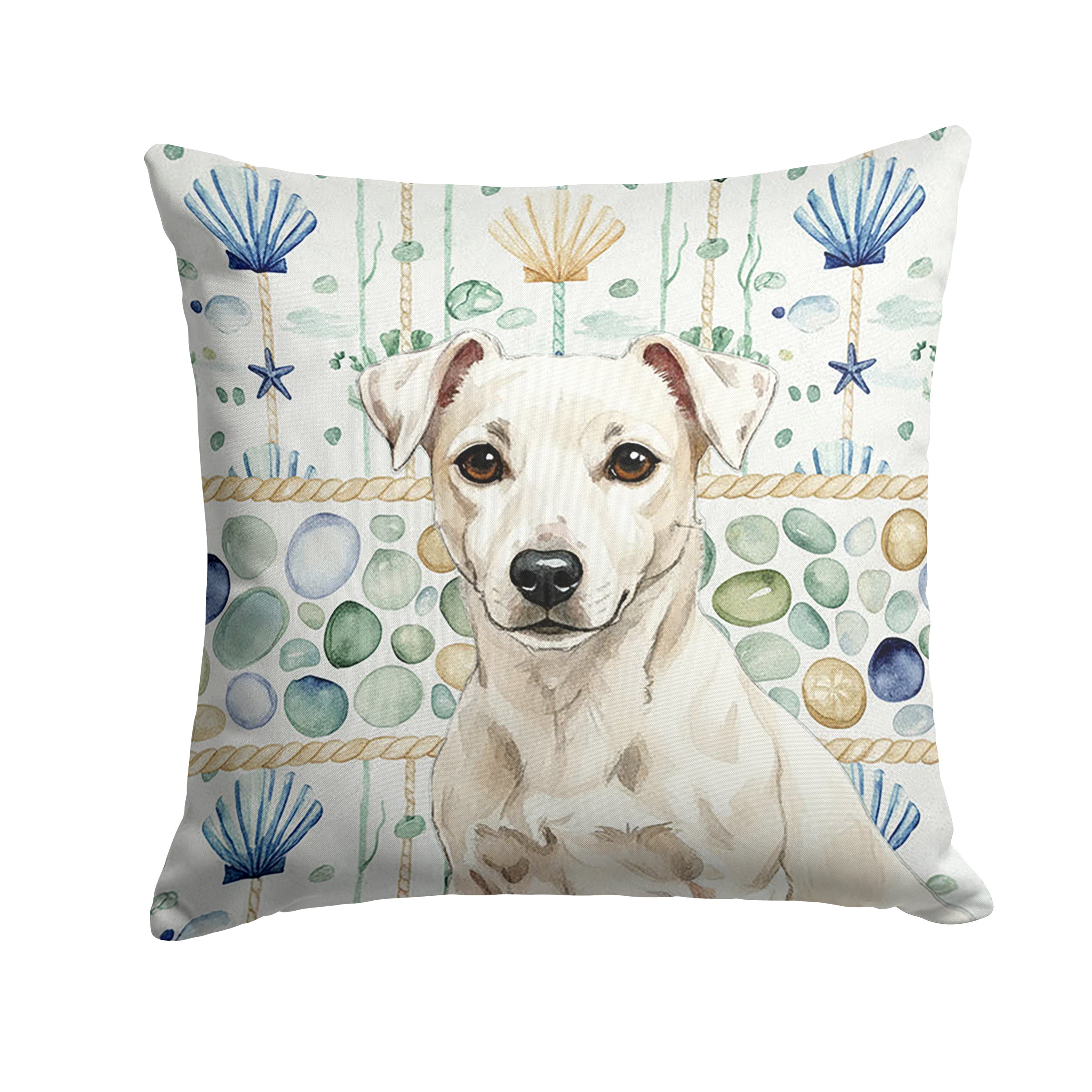 White Jack Russell Terrier Coastal Sea Glass Decorative Throw Pillow 14x14 Indoor Outdoor Accent Cushion, Fabric Cover with Insert for Sofa, Bed, Porch & Living Room