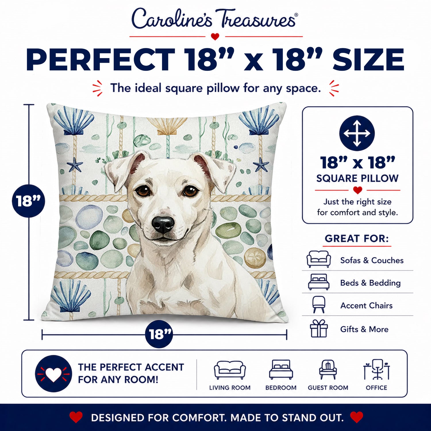 White Jack Russell Terrier Coastal Sea Glass Decorative Throw Pillow 18x18 Indoor Outdoor Accent Cushion, Fabric Cover with Insert for Sofa, Bed, Porch & Living Room