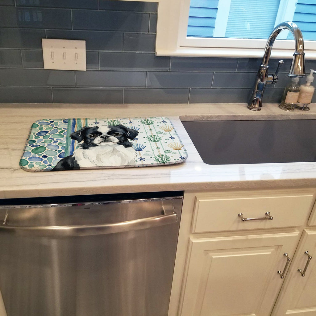 Black and White Japanese Chin Coastal Sea Glass Dish Drying Mat Absorbent Dish Drying Mat Pad for Kitchen Counter Dish Drainer Mat for Countertop, 14 x 21", Multicolor