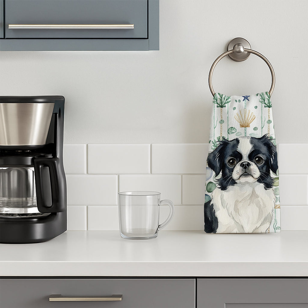 Black and White Japanese Chin Coastal Sea Glass Kitchen Towel Velour Plush Front and Cotton Loop Back Machine Washable