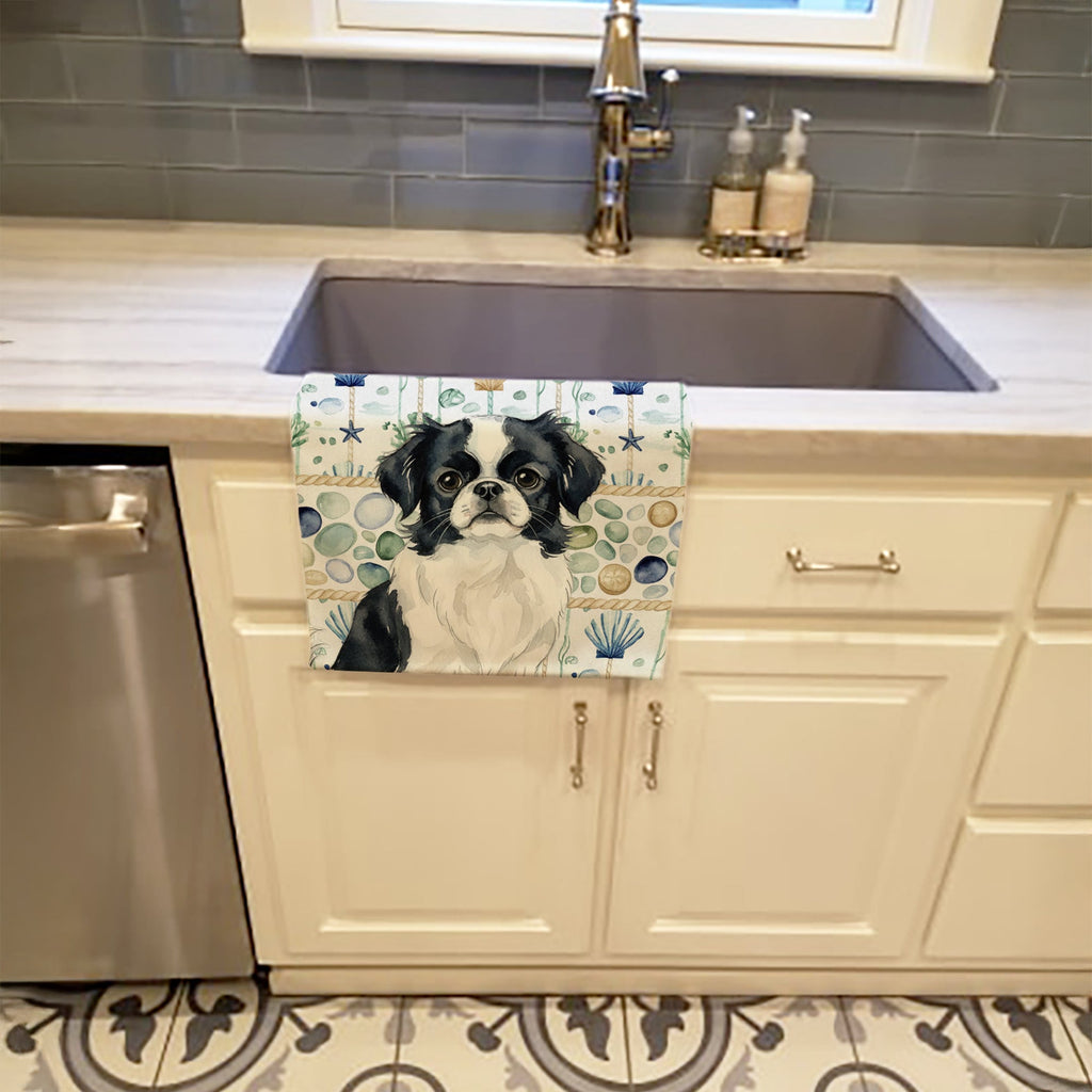 Black and White Japanese Chin Coastal Sea Glass Kitchen Towel Velour Plush Front and Cotton Loop Back Machine Washable