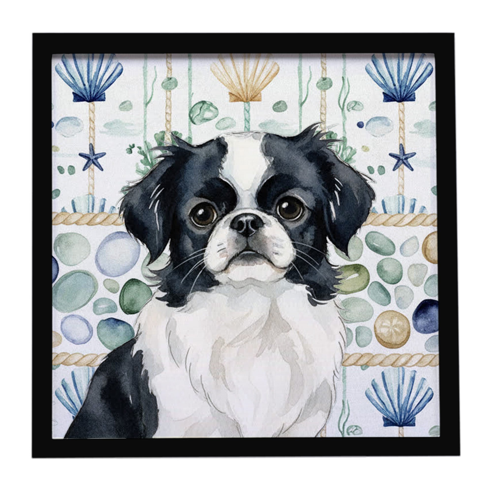Black and White Japanese Chin Coastal Sea Glass Framed Metal Print Bathroom, Kitchen, Office, Home Decor Wall Art Ready to Hang, Square, 8X8