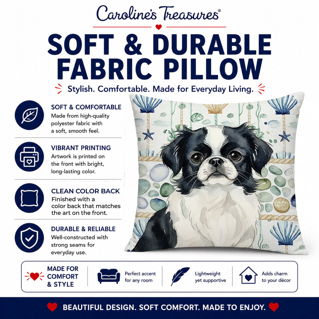 Black and White Japanese Chin Coastal Sea Glass Decorative Throw Pillow 14x14 Indoor Outdoor Accent Cushion, Fabric Cover with Insert for Sofa, Bed, Porch & Living Room