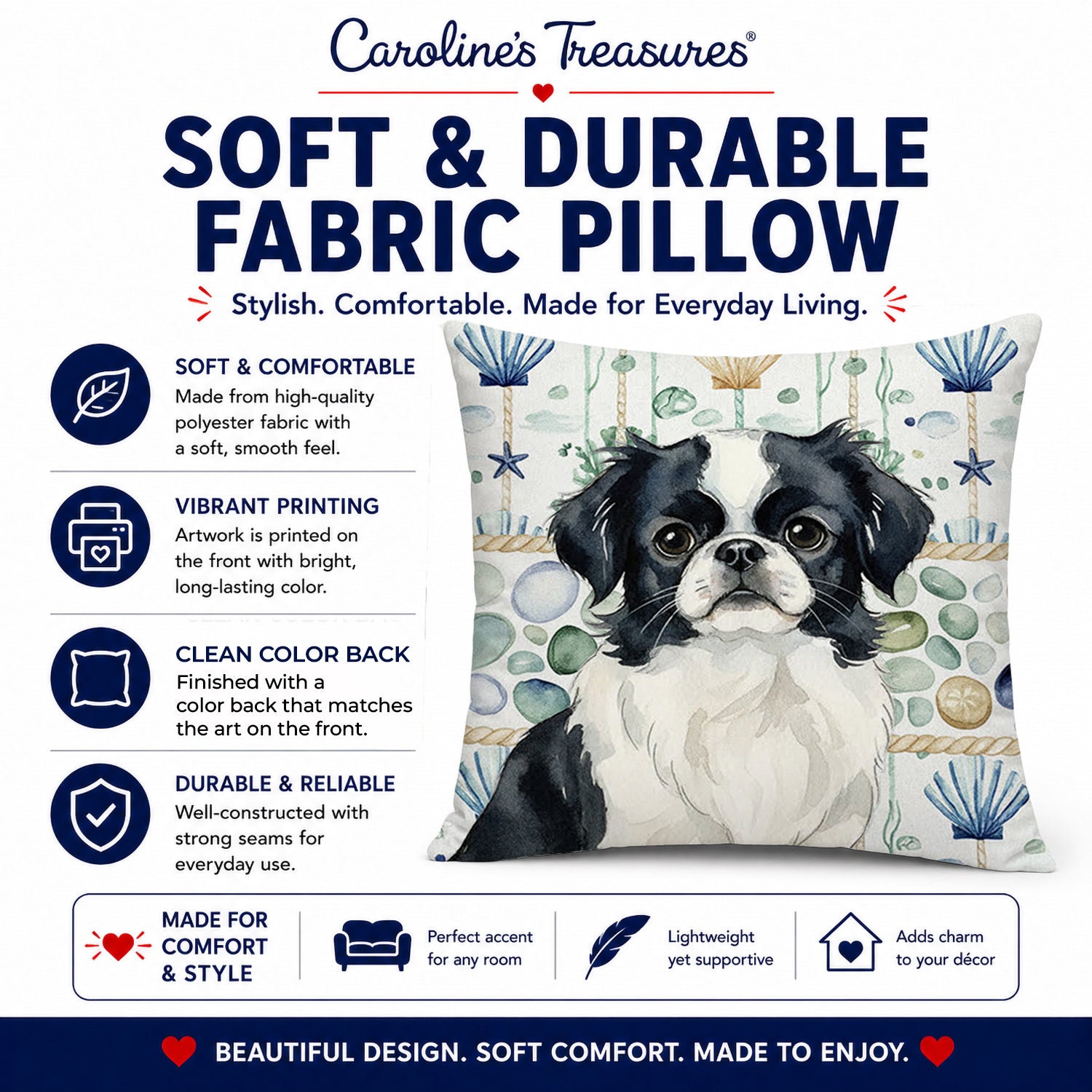 Black and White Japanese Chin Coastal Sea Glass Decorative Throw Pillow 18x18 Indoor Outdoor Accent Cushion, Fabric Cover with Insert for Sofa, Bed, Porch & Living Room