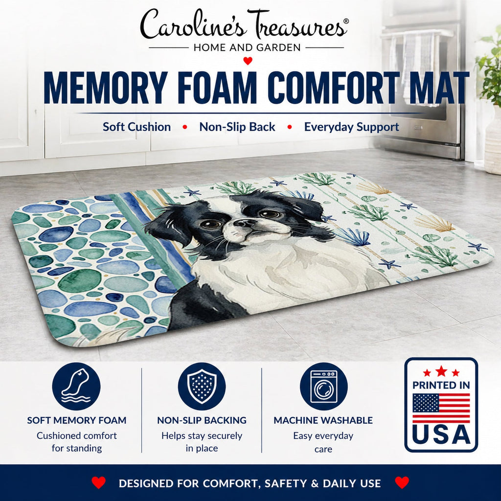 Black and White Japanese Chin Coastal Sea Glass Memory Foam Kitchen Mat Machine Washable Anti-Fatigue Cushion Comfort Bath or Kitchen Rug