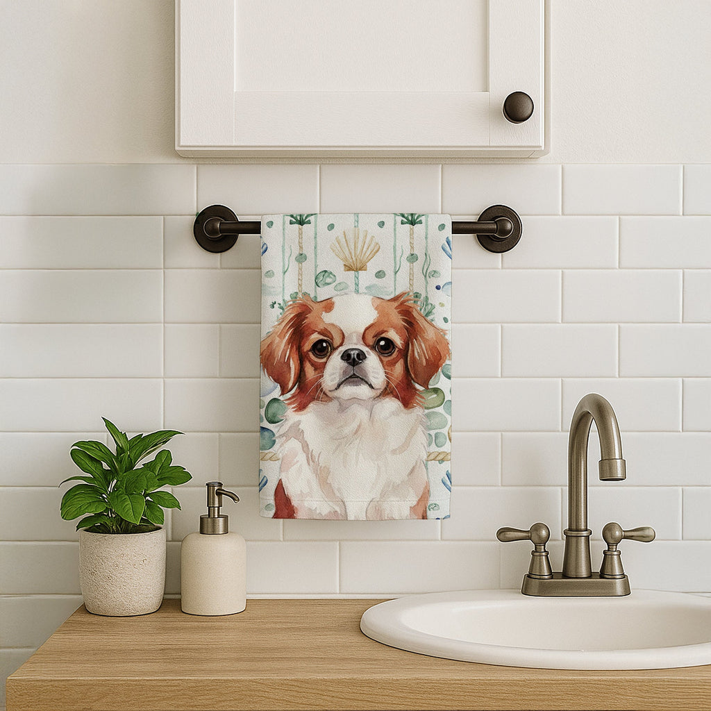 Red and White Japanese Chin Coastal Sea Glass Kitchen Towel Velour Plush Front and Cotton Loop Back Machine Washable