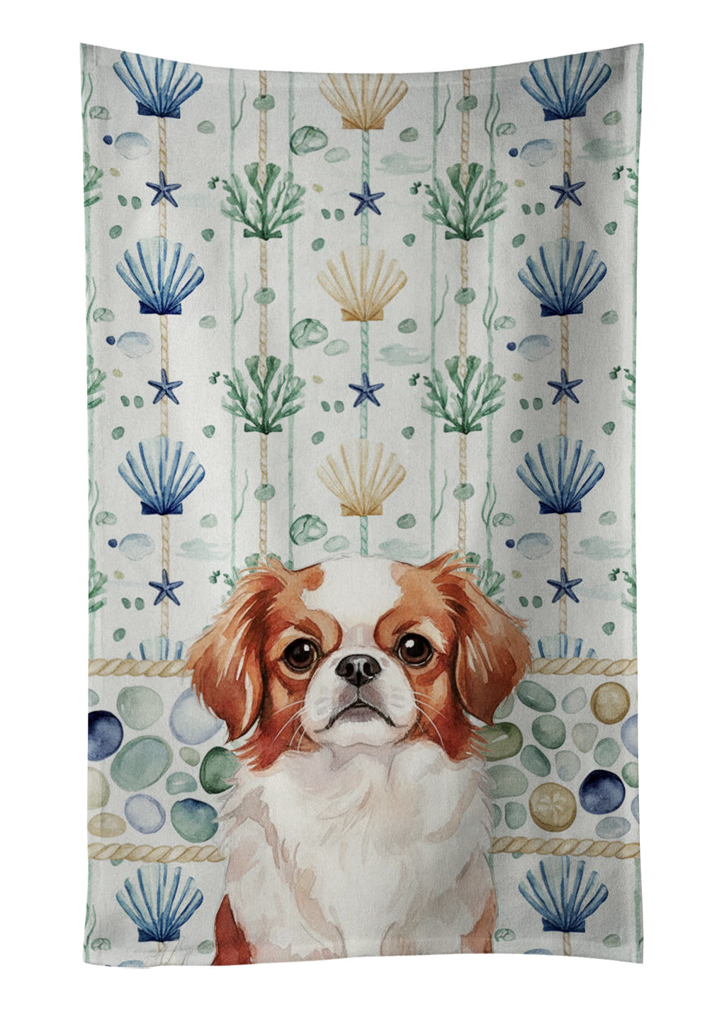 Red and White Japanese Chin Coastal Sea Glass Kitchen Towel Velour Plush Front and Cotton Loop Back Machine Washable