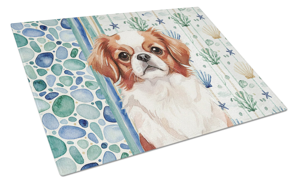 Red and White Japanese Chin Coastal Sea Glass Cutting Board Tempered Glass Kitchen Cutting Surface, Heat Resistant Chopping, Non-Slip Feet, Food Prep & Serving