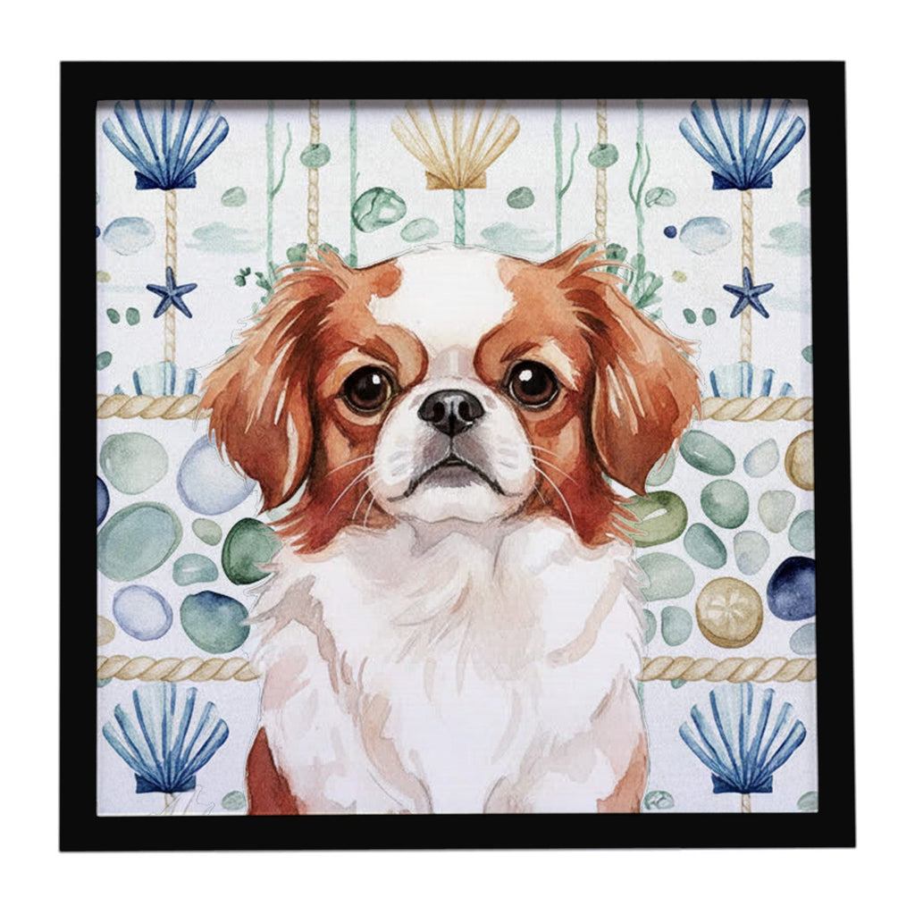 Red and White Japanese Chin Coastal Sea Glass Framed Metal Print Bathroom, Kitchen, Office, Home Decor Wall Art Ready to Hang, Square, 8X8