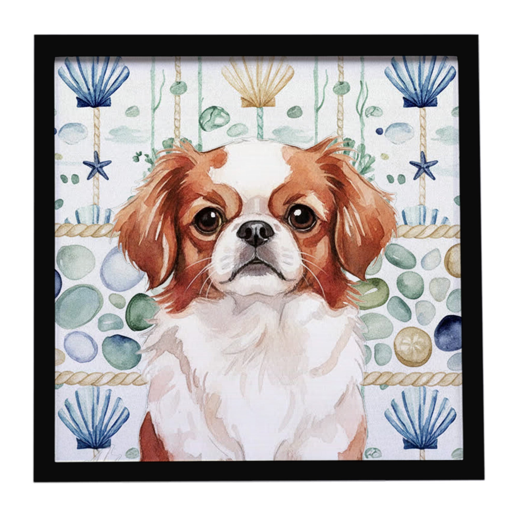 Red and White Japanese Chin Coastal Sea Glass Framed Metal Print Bathroom, Kitchen, Office, Home Decor Wall Art Ready to Hang, Square, 8X8