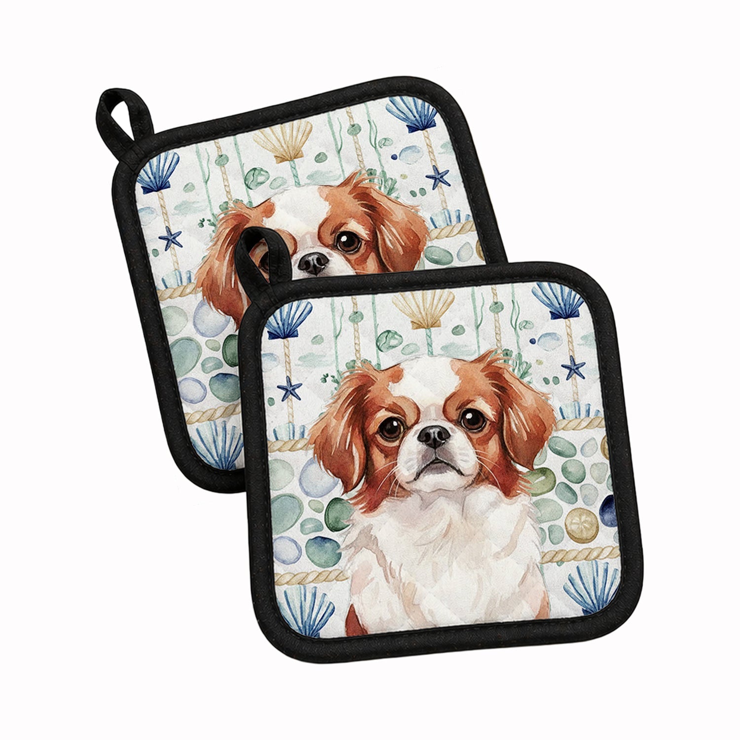 Red and White Japanese Chin Coastal Sea Glass Pot Holder Set of 2 Heat Resistant Quilted Hot Pads 7.5 x 7.5 Inch, Insulated Kitchen Trivets for Cooking & Baking