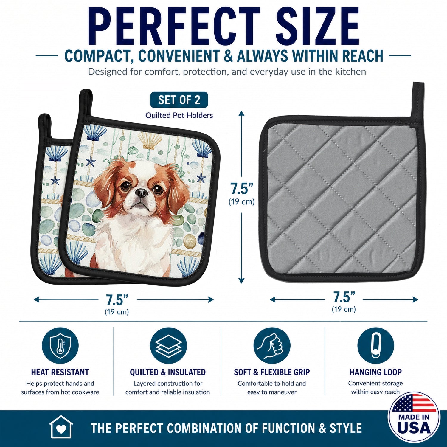 Red and White Japanese Chin Coastal Sea Glass Pot Holder Set of 2 Heat Resistant Quilted Hot Pads 7.5 x 7.5 Inch, Insulated Kitchen Trivets for Cooking & Baking