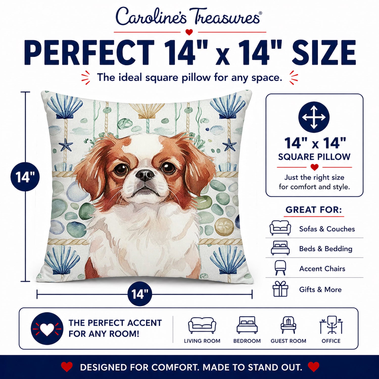Red and White Japanese Chin Coastal Sea Glass Decorative Throw Pillow 14x14 Indoor Outdoor Accent Cushion, Fabric Cover with Insert for Sofa, Bed, Porch & Living Room